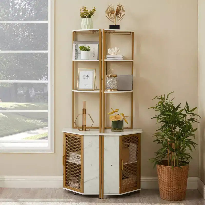 VECELO Bibliothèque d'angle haute 63" - Étagère d'angle 6 niveaux - Meuble de rangement avec éclairage LED et station de recharge - Petit espace - Marron/Gris/Or