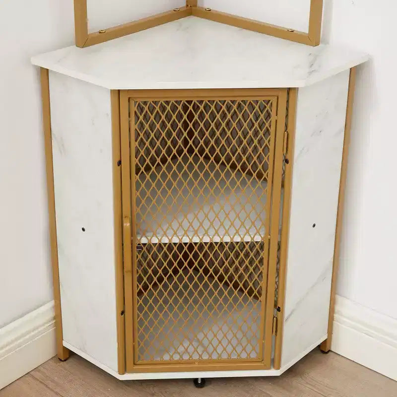 VECELO Bibliothèque d'angle haute 63" - Étagère d'angle 6 niveaux - Meuble de rangement avec éclairage LED et station de recharge - Petit espace - Marron/Gris/Or