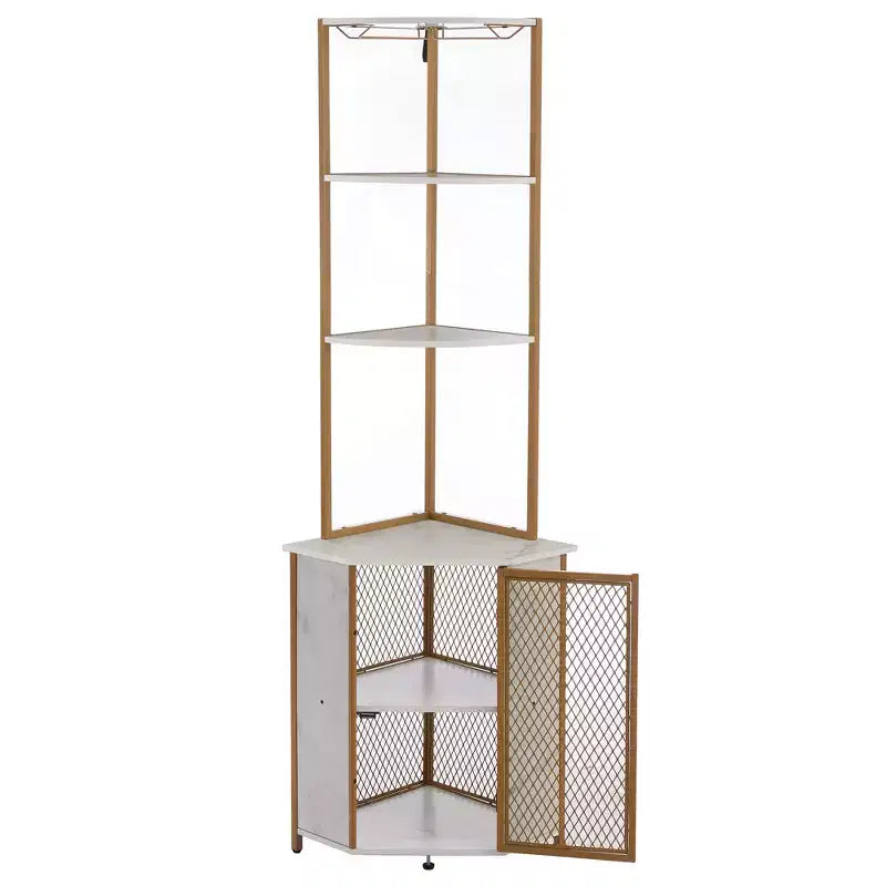 VECELO Bibliothèque d'angle haute 63" - Étagère d'angle 6 niveaux - Meuble de rangement avec éclairage LED et station de recharge - Petit espace - Marron/Gris/Or