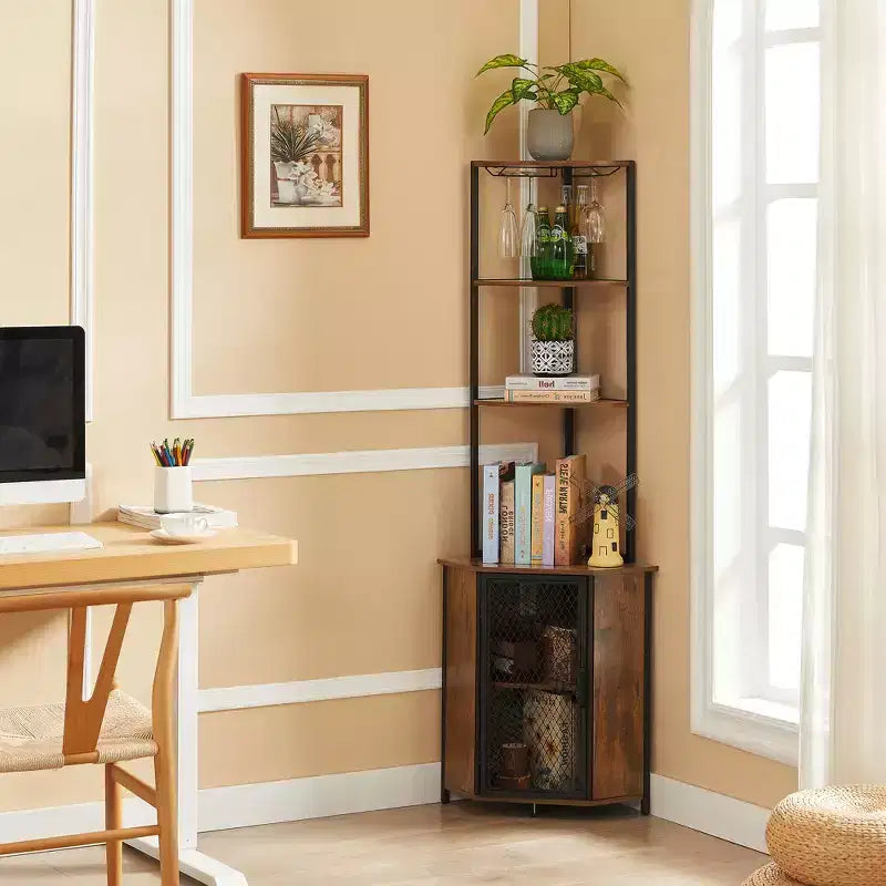 VECELO Bibliothèque d'angle haute 63" - Étagère d'angle 6 niveaux - Meuble de rangement avec éclairage LED et station de recharge - Petit espace - Marron/Gris/Or
