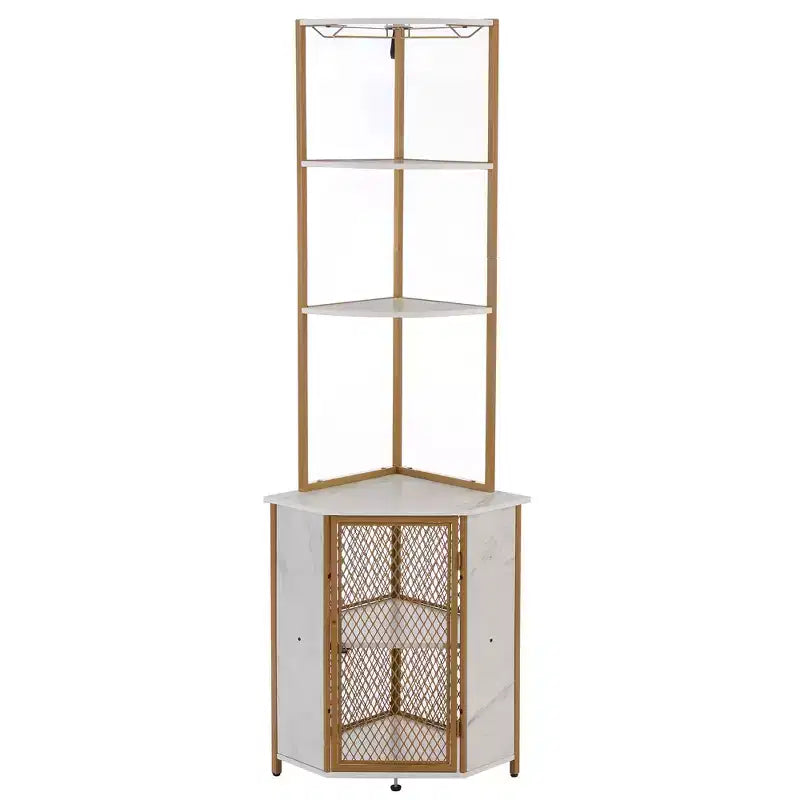 VECELO Bibliothèque d'angle haute 63" - Étagère d'angle 6 niveaux - Meuble de rangement avec éclairage LED et station de recharge - Petit espace - Marron/Gris/Or
