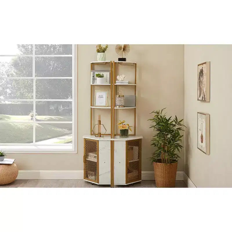 VECELO Bibliothèque d'angle haute 63" - Étagère d'angle 6 niveaux - Meuble de rangement avec éclairage LED et station de recharge - Petit espace - Marron/Gris/Or