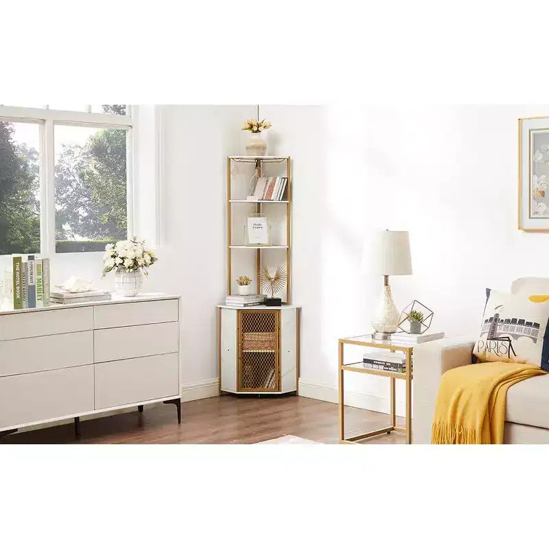 VECELO Bibliothèque d'angle haute 63" - Étagère d'angle 6 niveaux - Meuble de rangement avec éclairage LED et station de recharge - Petit espace - Marron/Gris/Or