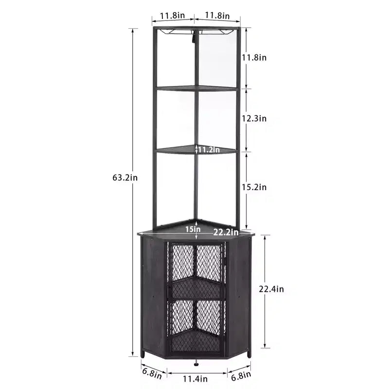 VECELO Bibliothèque d'angle haute 63" - Étagère d'angle 6 niveaux - Meuble de rangement avec éclairage LED et station de recharge - Petit espace - Marron/Gris/Or