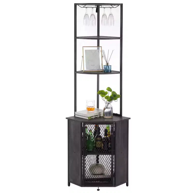 VECELO Bibliothèque d'angle haute 63" - Étagère d'angle 6 niveaux - Meuble de rangement avec éclairage LED et station de recharge - Petit espace - Marron/Gris/Or