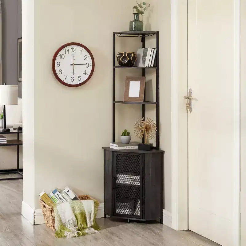 VECELO Bibliothèque d'angle haute 63" - Étagère d'angle 6 niveaux - Meuble de rangement avec éclairage LED et station de recharge - Petit espace - Marron/Gris/Or