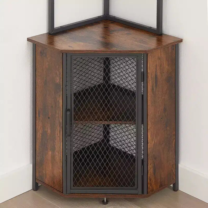 VECELO Bibliothèque d'angle haute 63" - Étagère d'angle 6 niveaux - Meuble de rangement avec éclairage LED et station de recharge - Petit espace - Marron/Gris/Or