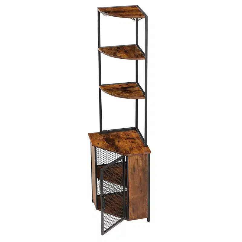 VECELO Bibliothèque d'angle haute 63" - Étagère d'angle 6 niveaux - Meuble de rangement avec éclairage LED et station de recharge - Petit espace - Marron/Gris/Or