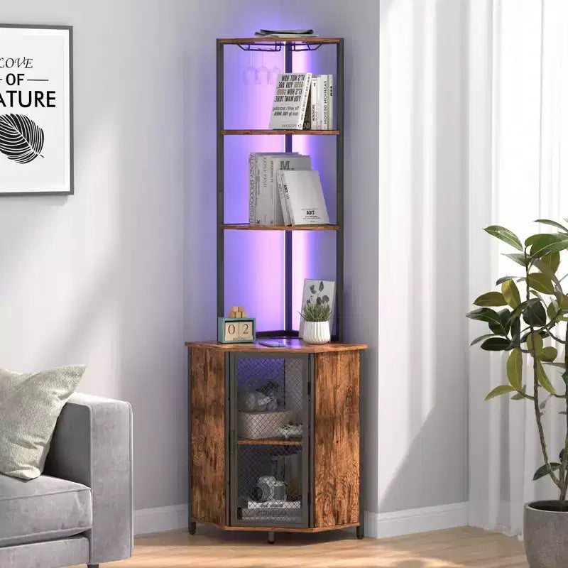 VECELO Bibliothèque d'angle haute 63" - Étagère d'angle 6 niveaux - Meuble de rangement avec éclairage LED et station de recharge - Petit espace - Marron/Gris/Or