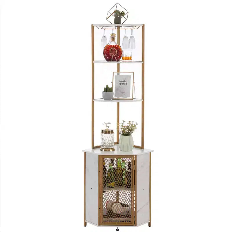 VECELO Bibliothèque d'angle haute 63" - Étagère d'angle 6 niveaux - Meuble de rangement avec éclairage LED et station de recharge - Petit espace - Marron/Gris/Or