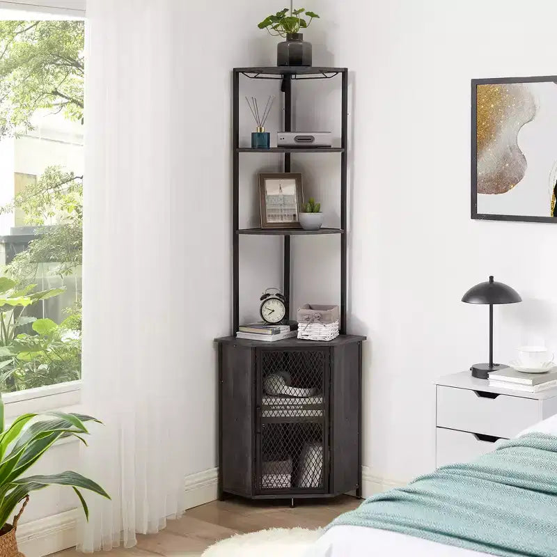 VECELO Bibliothèque d'angle haute 63" - Étagère d'angle 6 niveaux - Meuble de rangement avec éclairage LED et station de recharge - Petit espace - Marron/Gris/Or