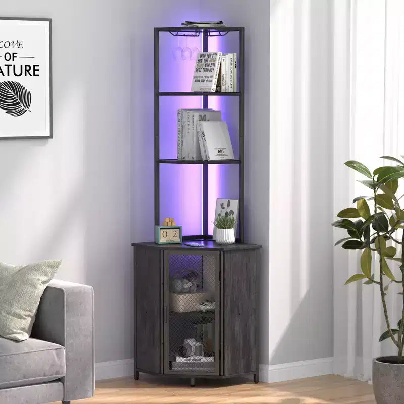 VECELO Bibliothèque d'angle haute 63" - Étagère d'angle 6 niveaux - Meuble de rangement avec éclairage LED et station de recharge - Petit espace - Marron/Gris/Or