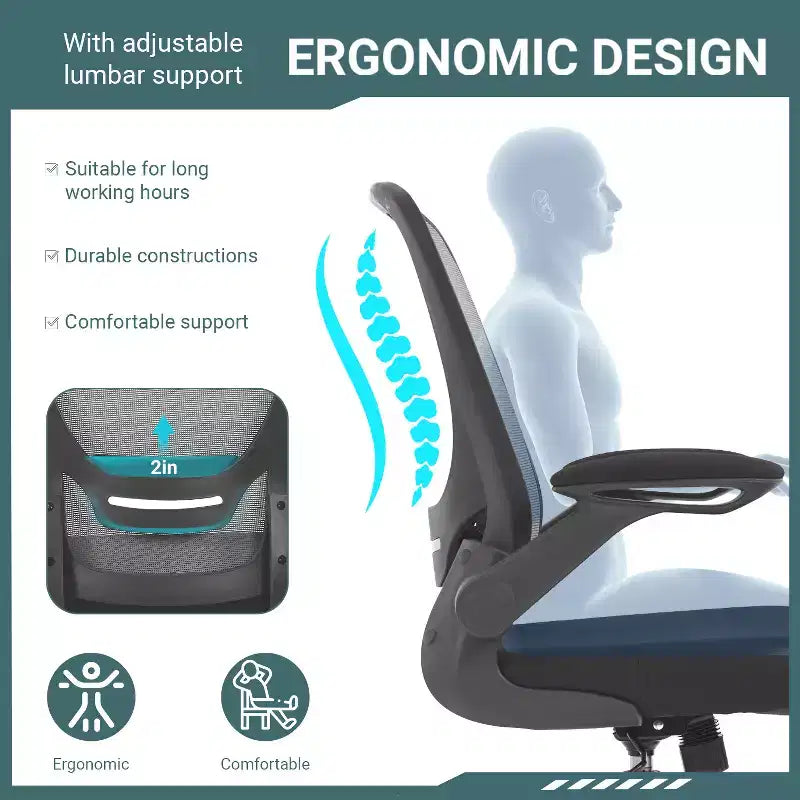 BestMassage Chaise de Bureau Dossier en Maille Chaise d'Ordinateur avec Hauteur Réglable, Fonction Pivotante et Accoudoirs Relevables