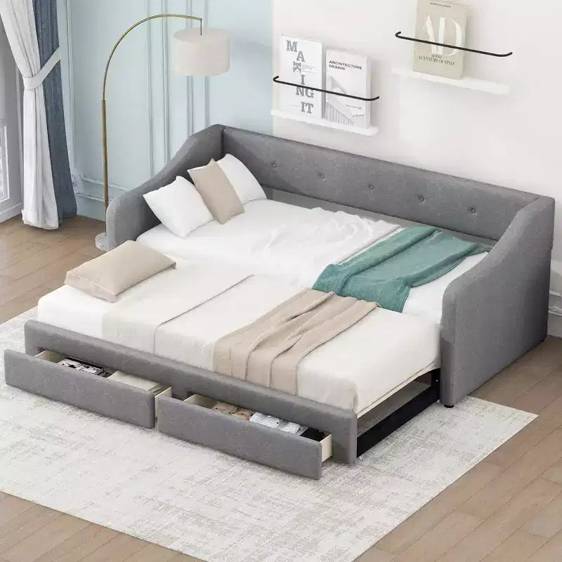 Lit de repos tapissé Whisen de taille double XL extensible en très grand lit, avec deux tiroirs
