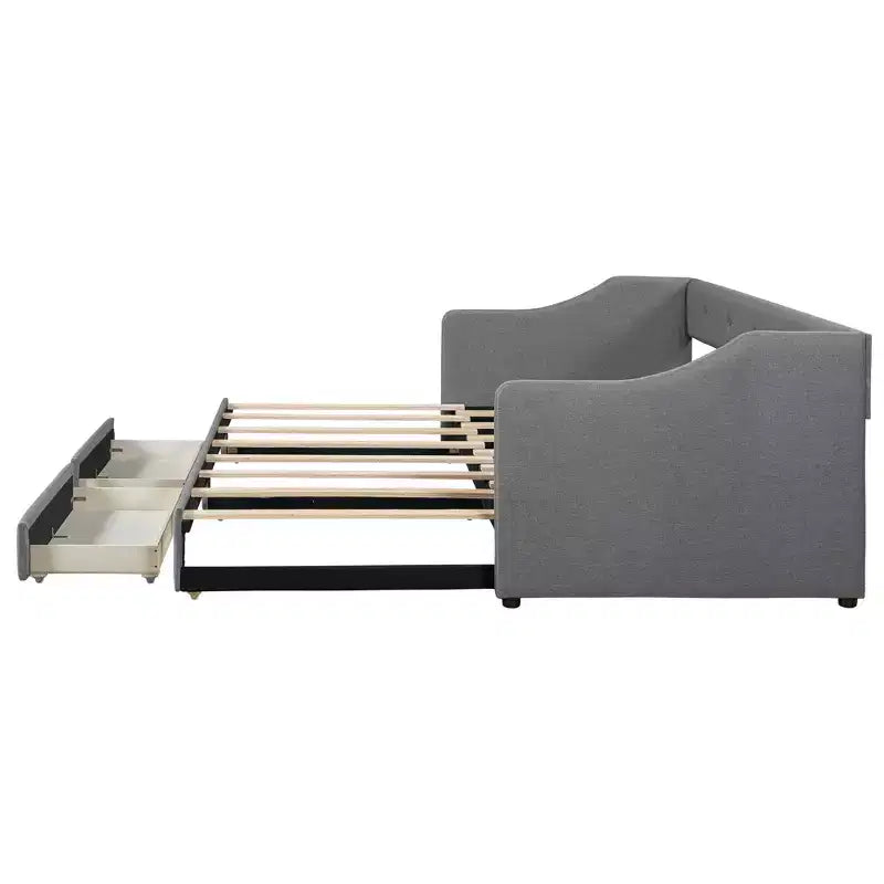 Lit de repos tapissé Whisen de taille double XL extensible en très grand lit, avec deux tiroirs