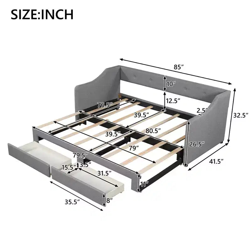 Lit de repos tapissé Whisen de taille double XL extensible en très grand lit, avec deux tiroirs