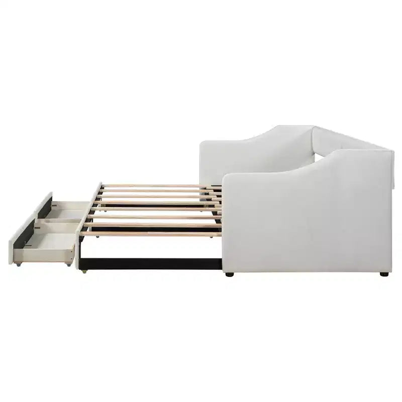 Lit de repos tapissé Whisen de taille double XL extensible en très grand lit, avec deux tiroirs