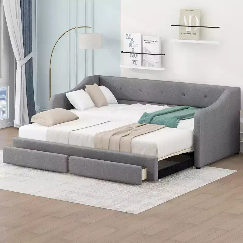 Lit de repos tapissé Whisen de taille double XL extensible en très grand lit, avec deux tiroirs