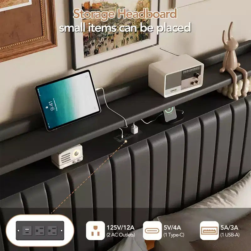 Cadre de lit flottant Whizmax avec lumières LED RVB et station de chargement, cadre de lit plateforme rembourré avec tête de lit de rangement de 50 po de hauteur
