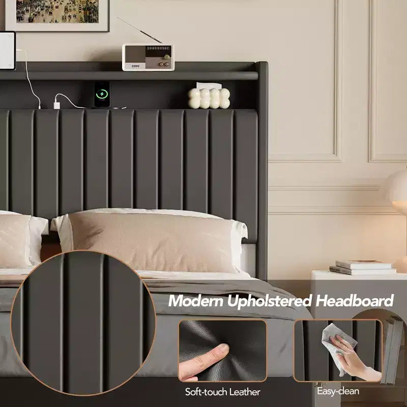 Cadre de lit flottant Whizmax avec lumières LED RVB et station de chargement, cadre de lit plateforme rembourré avec tête de lit de rangement de 50 po de hauteur