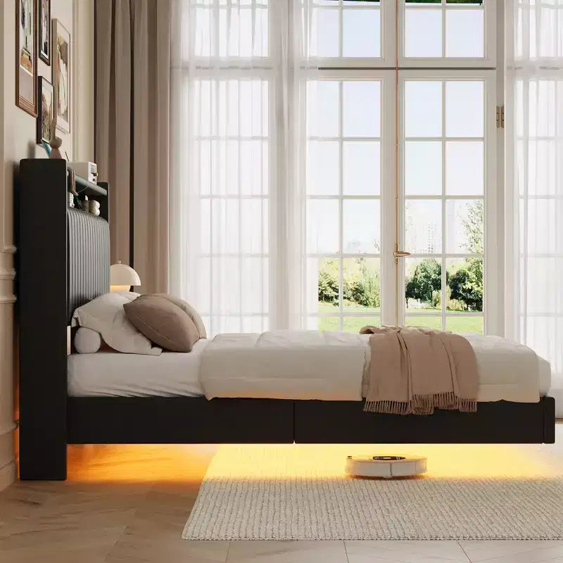 Cadre de lit flottant Whizmax avec lumières LED RVB et station de chargement, cadre de lit plateforme rembourré avec tête de lit de rangement de 50 po de hauteur