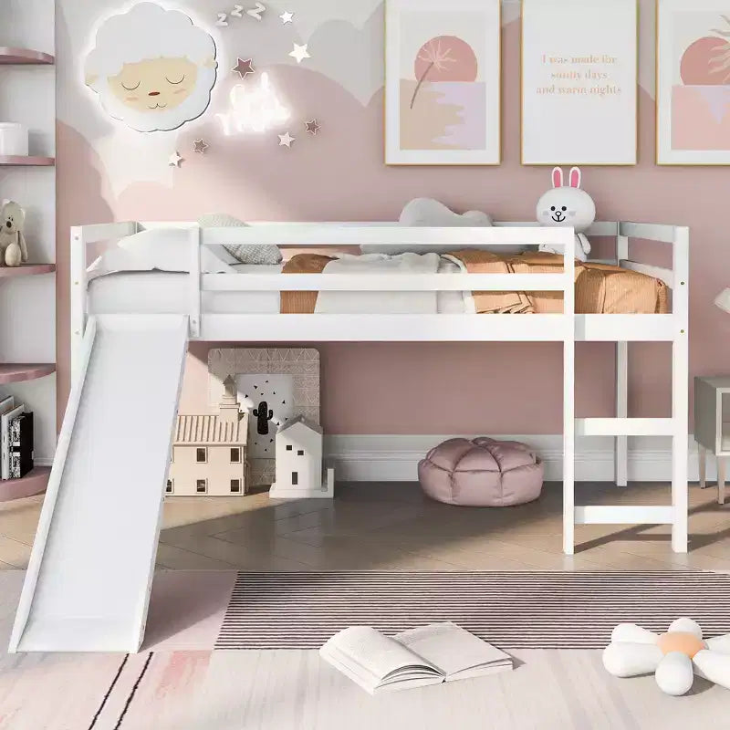Lit mezzanine bas Whisen de 79,5L x 41,8l, élégant, de taille double, avec échelle intégrée et toboggan, conception multifonctionnelle