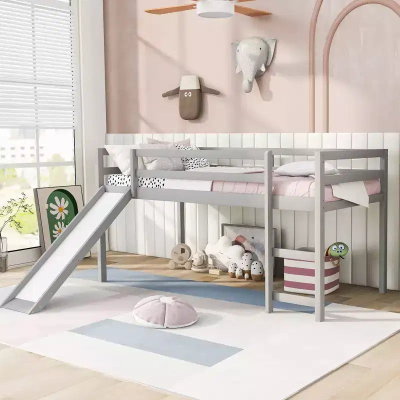 Lit mezzanine bas élégant pour jumeaux avec échelle et toboggan intégrés, design multifonctionnel de 79,5L x 41,8W