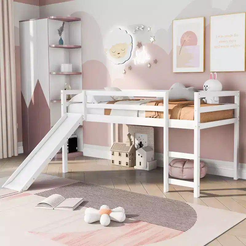 Lit mezzanine bas élégant pour jumeaux avec échelle et toboggan intégrés, design multifonctionnel de 79,5L x 41,8W