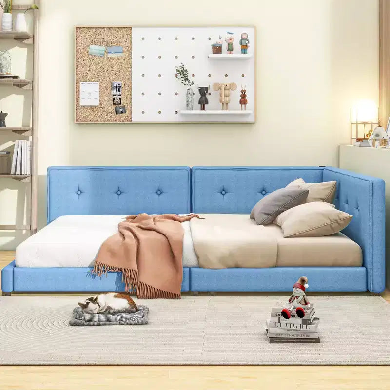 Cadre de lit plateforme Queen/Full, Lit de jour rembourré au sol avec ports USB -ModernLuxe