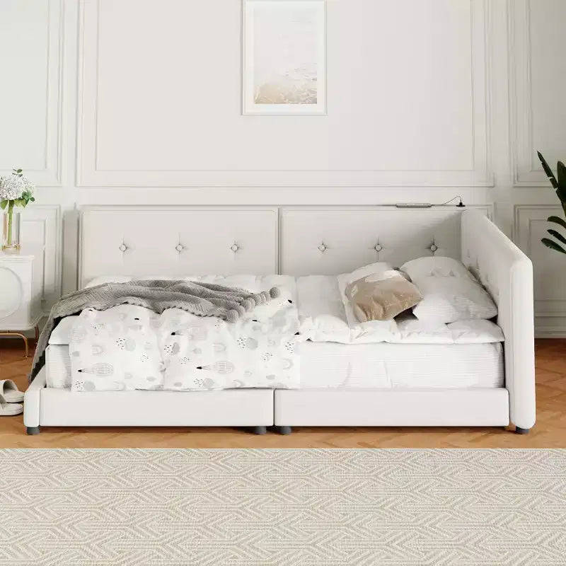 Cadre de lit plateforme Queen/Full, Lit de jour rembourré au sol avec ports USB -ModernLuxe