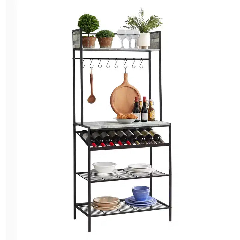 Kings Brand Furniture Meuble de Rangement de Cuisine Lindsay Gris Carrelé Étagère à Boulanger avec 9 Bouteilles de Vin et 8 Crochets