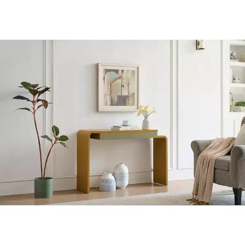 Kings Brand Furniture Yuma – Console en bois à silhouette arrondie – Table d'entrée de canapé avec 2 tiroirs pour salon, couloir, entrée