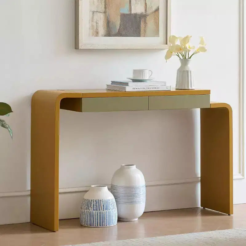 Kings Brand Furniture Yuma – Console en bois à silhouette arrondie – Table d'entrée de canapé avec 2 tiroirs pour salon, couloir, entrée