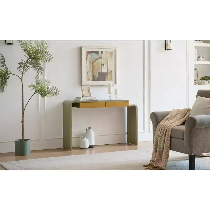 Kings Brand Furniture Yuma – Console en bois à silhouette arrondie – Table d'entrée de canapé avec 2 tiroirs pour salon, couloir, entrée