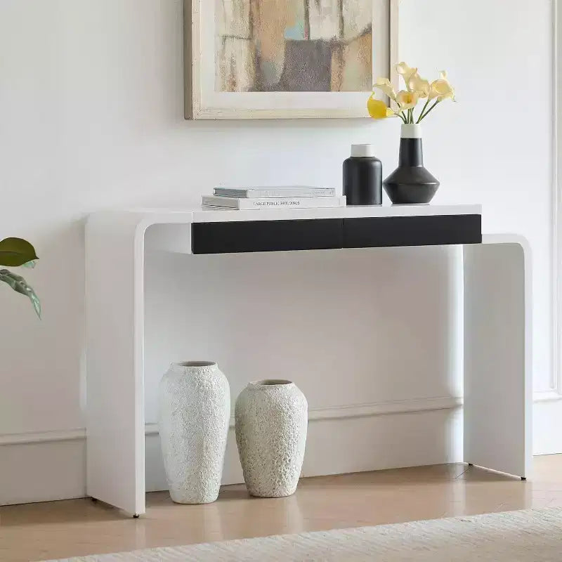 Kings Brand Furniture Yuma – Console en bois à silhouette arrondie – Table d'entrée de canapé avec 2 tiroirs pour salon, couloir, entrée