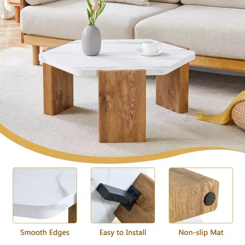 Table Basse MAYEERTY Plateau en Faux Marbre Base en Bois Triangulaire, 79 cm