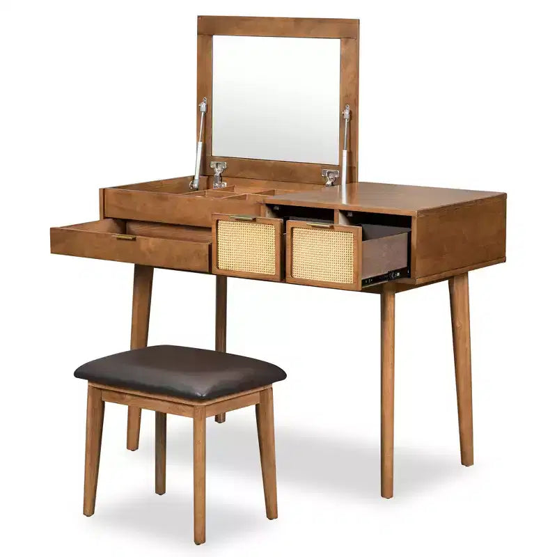 Whisen Coiffeuse Classique en Bois avec Miroir Rabattable et Tabouret