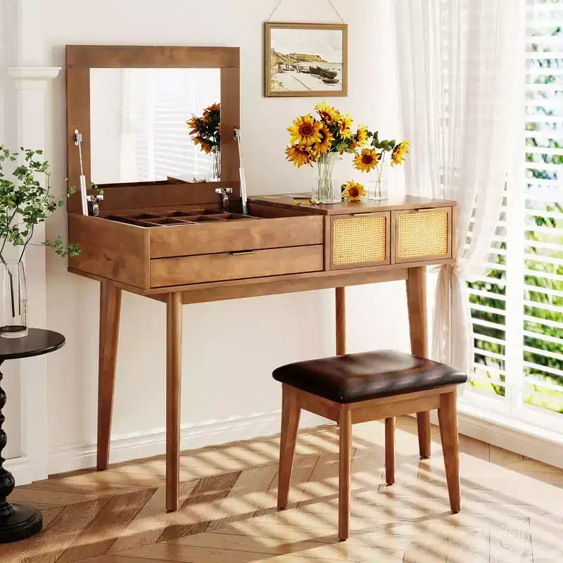 Whisen Coiffeuse Classique en Bois avec Miroir Rabattable et Tabouret