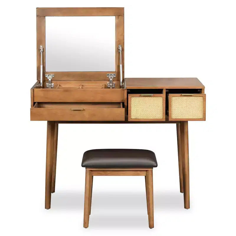 Whisen Coiffeuse Classique en Bois avec Miroir Rabattable et Tabouret
