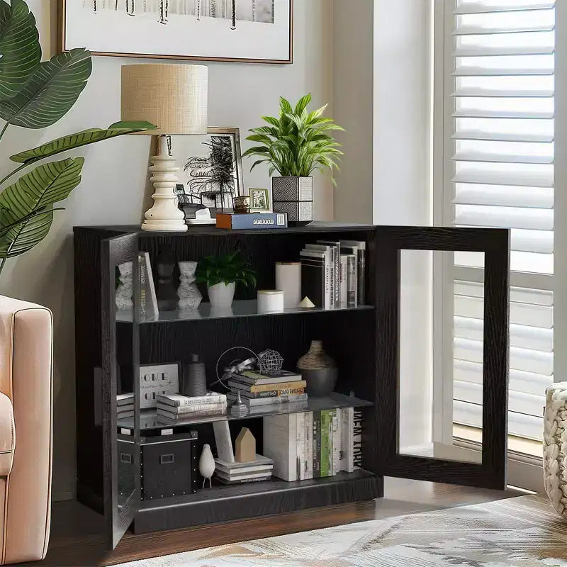 Meuble d'appoint en bois PexFix 31x31x16 avec étagère réglable, meuble de rangement, porte vitrée noire