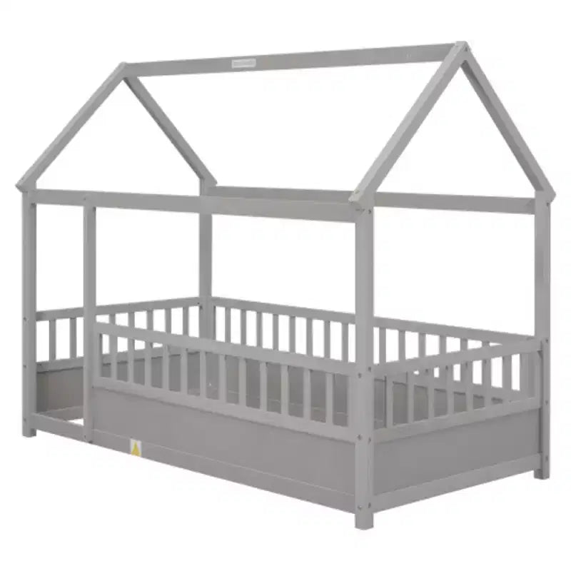 Lit simple en bois à profil bas avec toit en forme de maison et barrières de sécurité