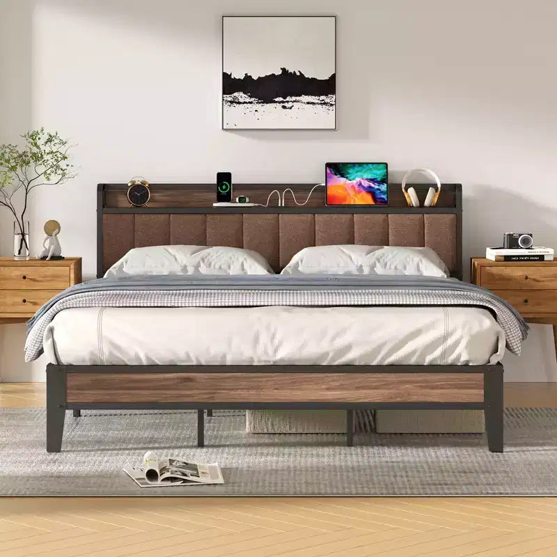 Lusimo Cadre de lit California King avec plateforme rembourrée, tête de lit de rangement et station de recharge