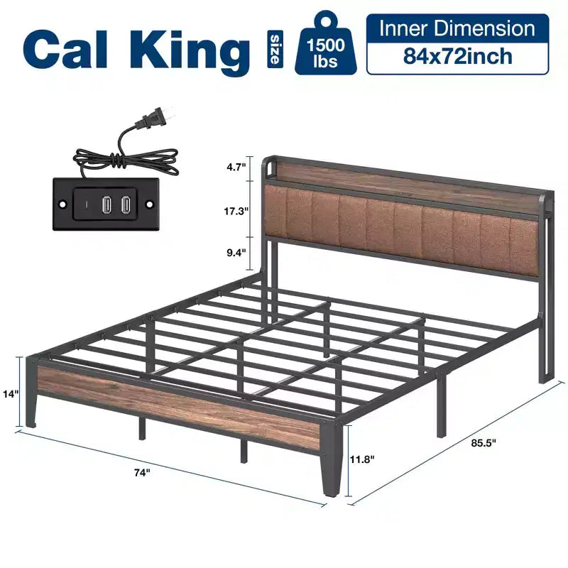 Lusimo Cadre de lit California King avec plateforme rembourrée, tête de lit de rangement et station de recharge