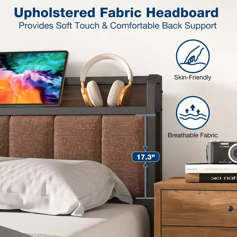 Lusimo Cadre de lit California King avec plateforme rembourrée, tête de lit de rangement et station de recharge