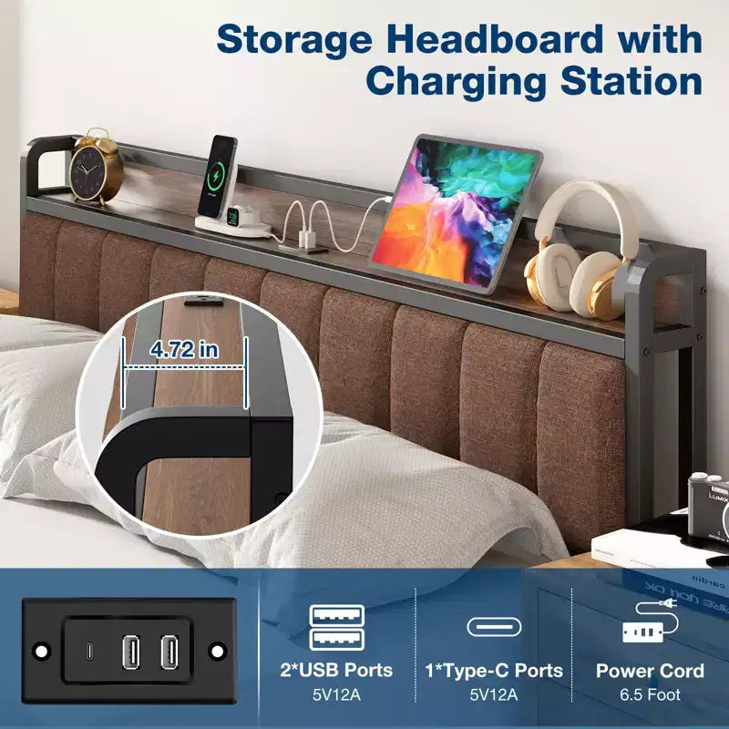 Lusimo Cadre de lit California King avec plateforme rembourrée, tête de lit de rangement et station de recharge