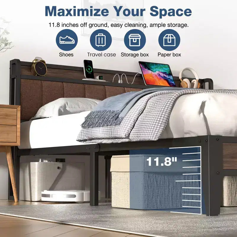 Lusimo Cadre de lit California King avec plateforme rembourrée, tête de lit de rangement et station de recharge