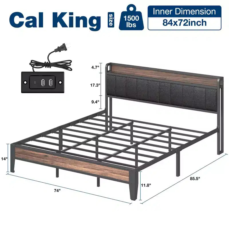 Lusimo Cadre de lit California King avec plateforme rembourrée, tête de lit de rangement et station de recharge