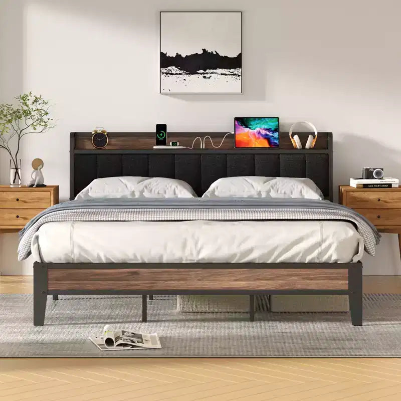 Lusimo Cadre de lit California King avec plateforme rembourrée, tête de lit de rangement et station de recharge