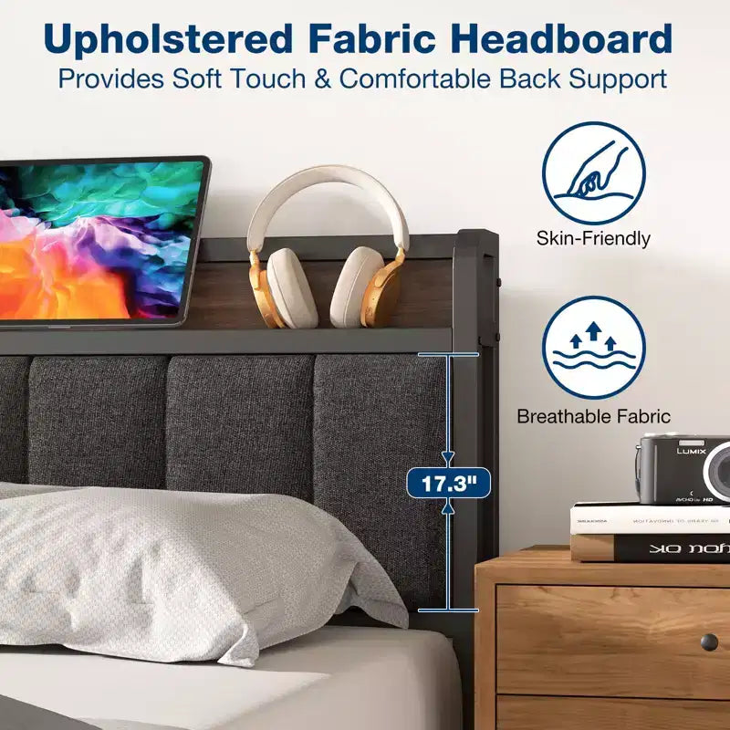 Lusimo Cadre de lit California King avec plateforme rembourrée, tête de lit de rangement et station de recharge
