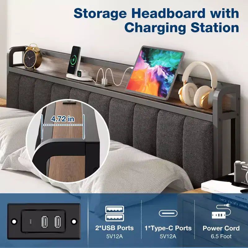 Lusimo Cadre de lit California King avec plateforme rembourrée, tête de lit de rangement et station de recharge